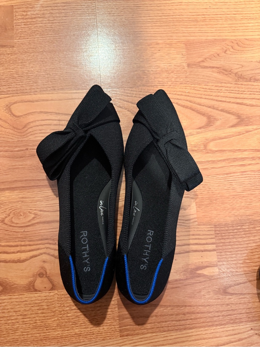 Rothy's Black Pointed-Toe Bow Flats with Blue Trim